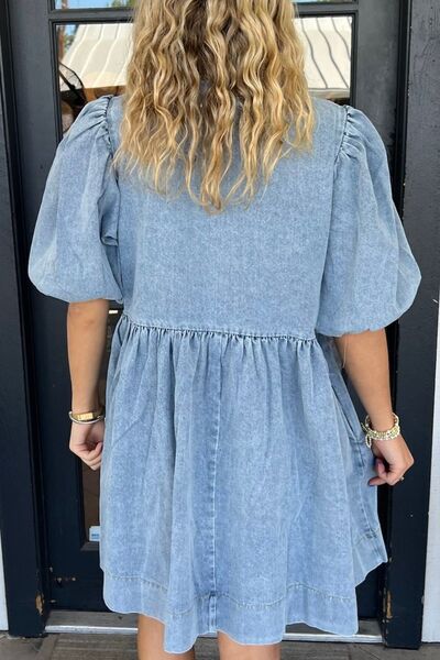 Bowknot Round Neck Half Sleeve Denim Dress Dresses
