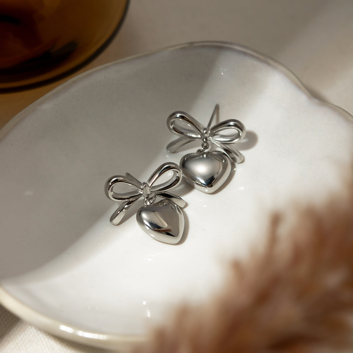 Stainless Steel Bow & Heart Drop Earrings 
