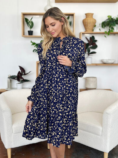Double Take Full Size Printed Ruffle Hem Long Sleeve Tiered Dress 