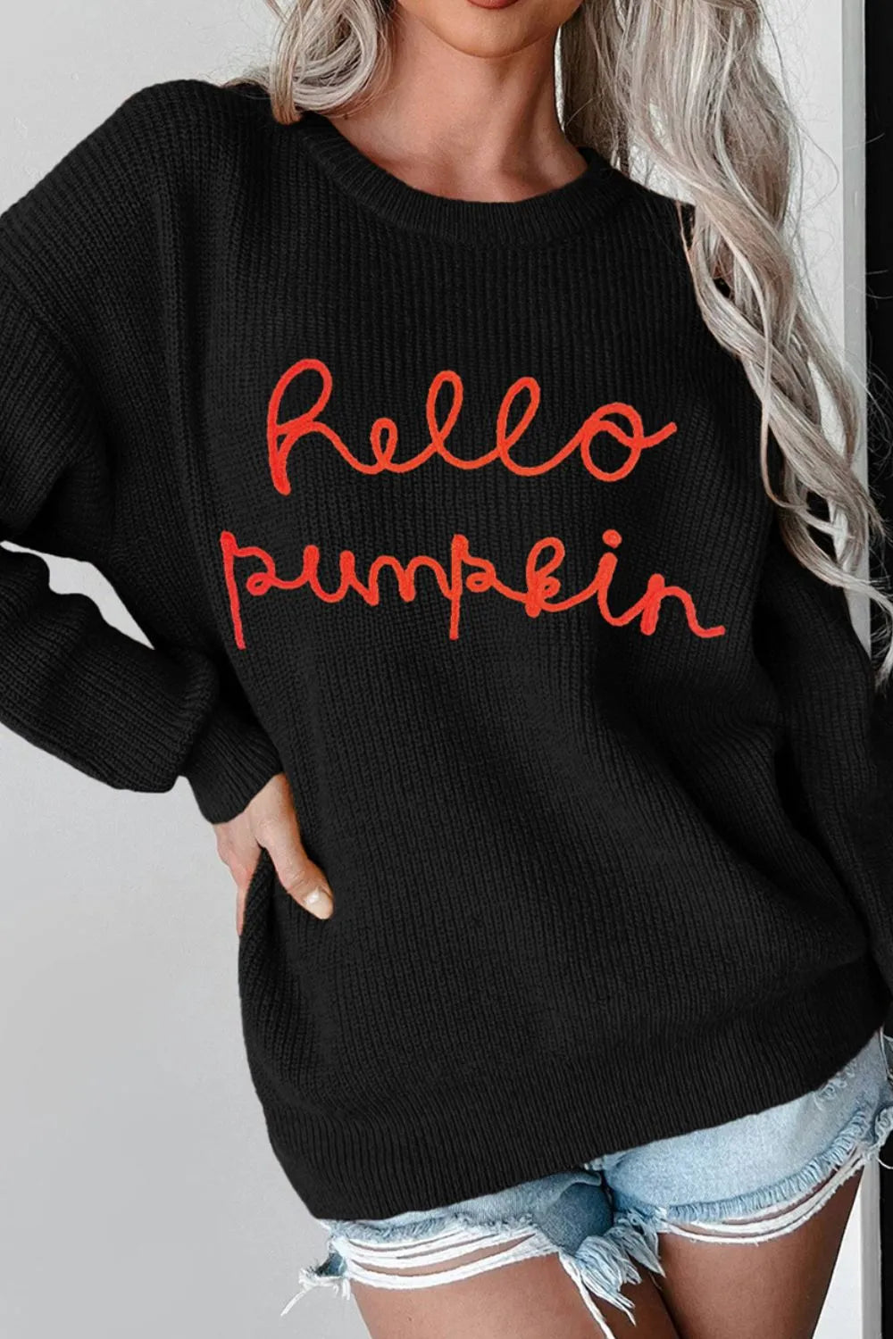 HELLO PUMPKIN Round Neck Long Sleeve Sweater 
