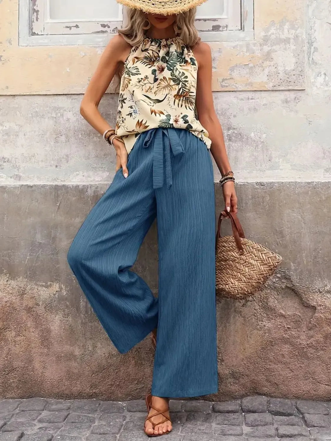 Printed Tank Top and Wide Leg Pants Set Two Piece Dresses