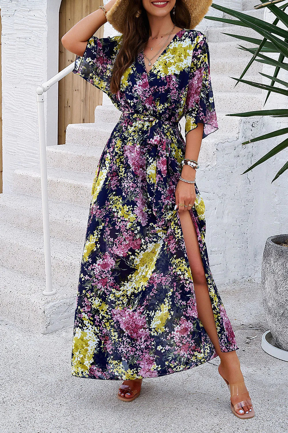 Devine Printed Tied Half Sleeve Slit Dress 