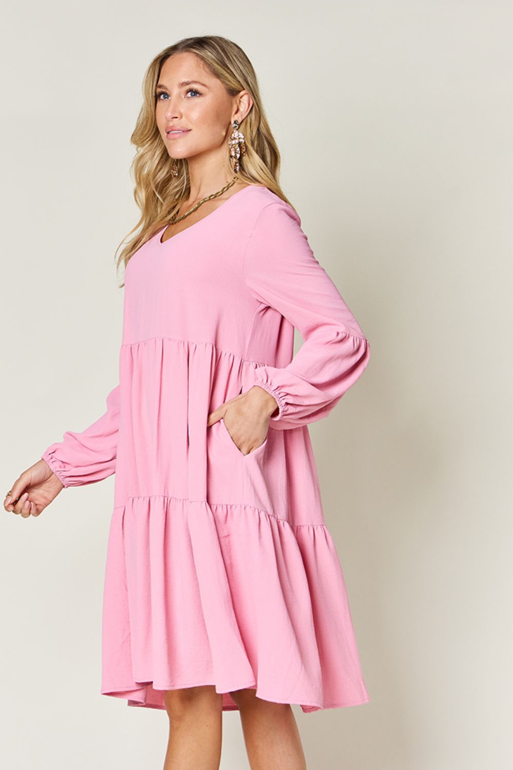 Double Take Full Size V-Neck Balloon Sleeve Tiered Dress with Pockets 