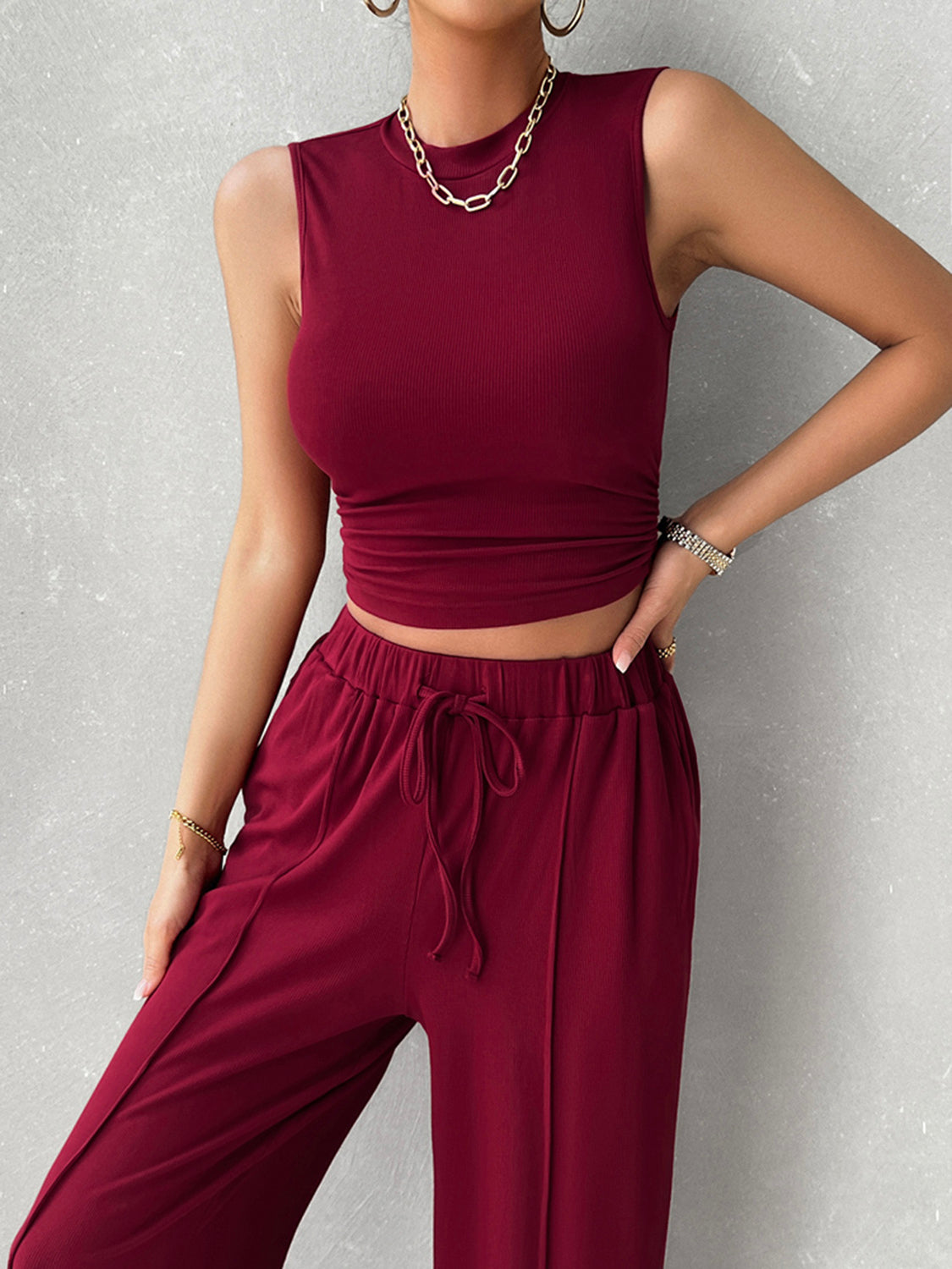 Devine Mock Neck Sleeveless Top and Drawstring Pants Set 