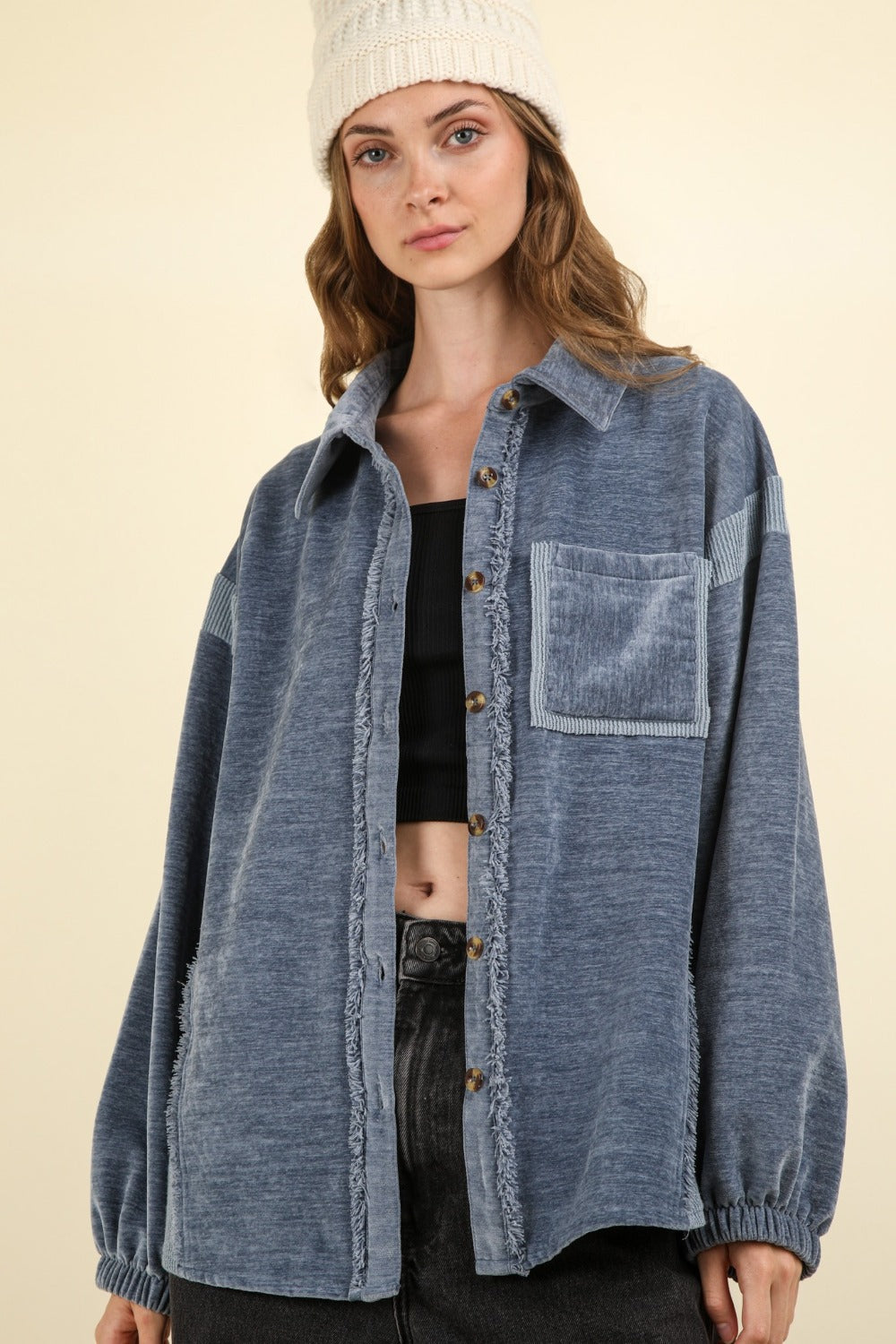 VERY J Mixed Media Button Down Raw Hem Shacket 