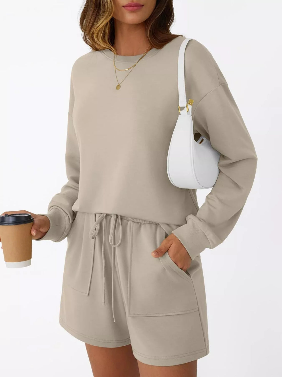 Round Neck Long Sleeve Top and Shorts Set Two Piece Dresses