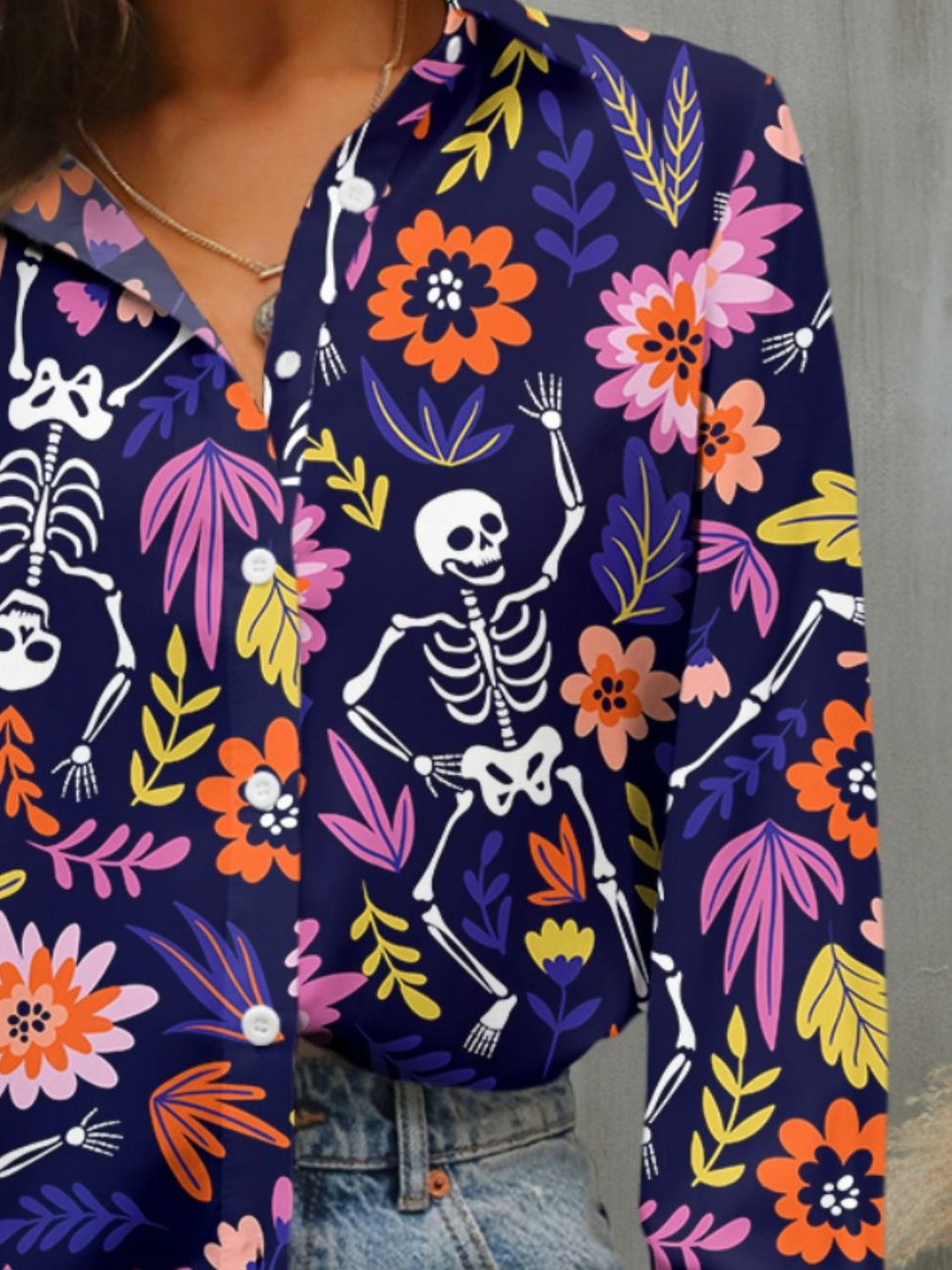 FAM-FAM Buttoned Printed Collared Neck Long Sleeve Shirt 