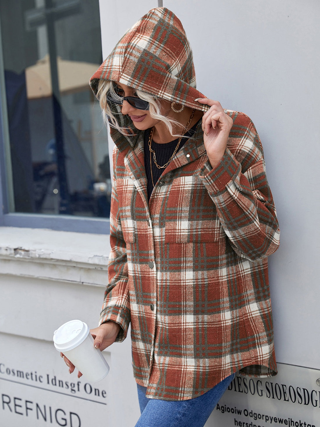 Ivy Lane Plaid Button Up Long Sleeve Hooded Jacket 