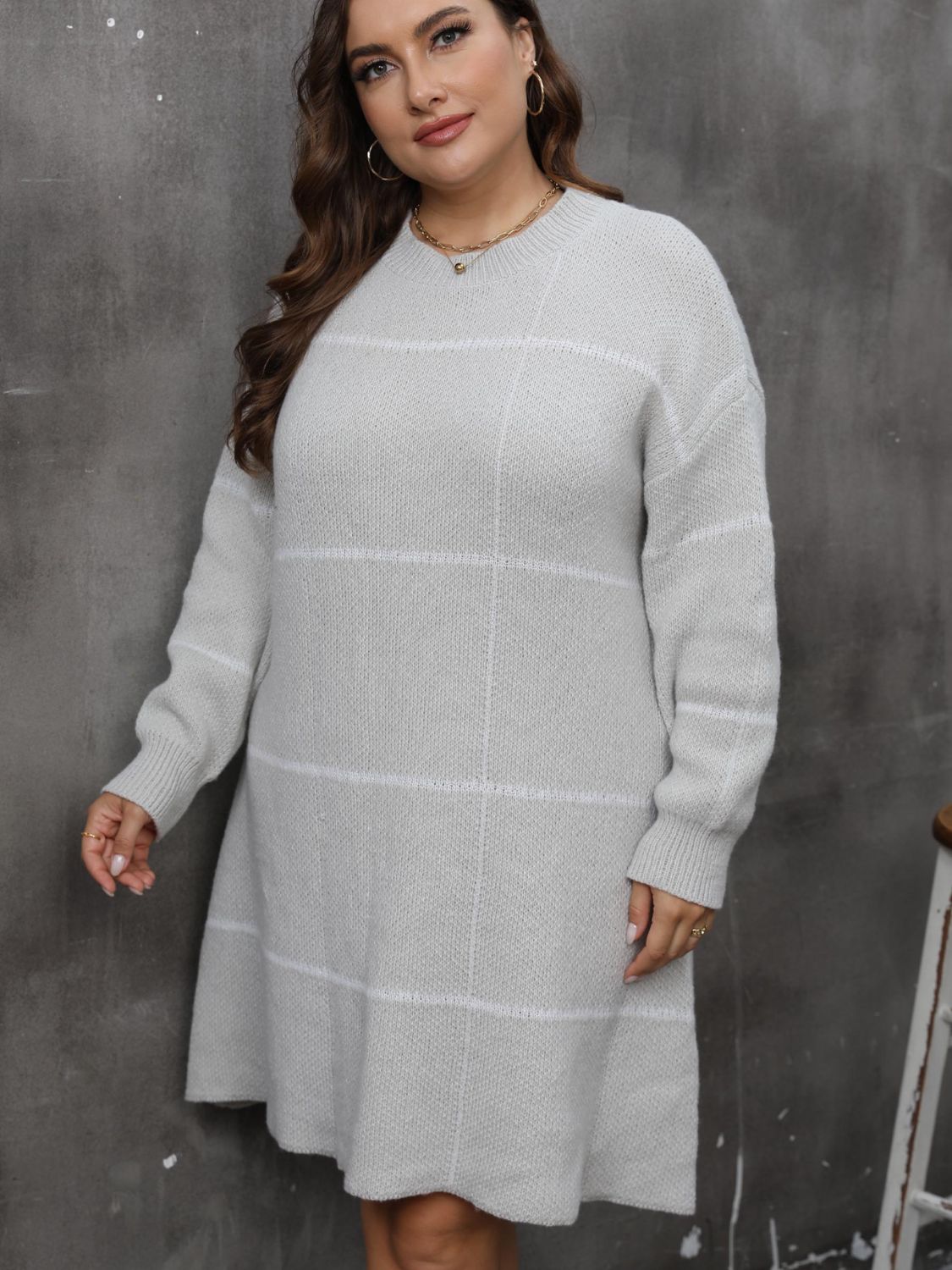 Plus Size Round Neck Long Sleeve Sweater Dress 