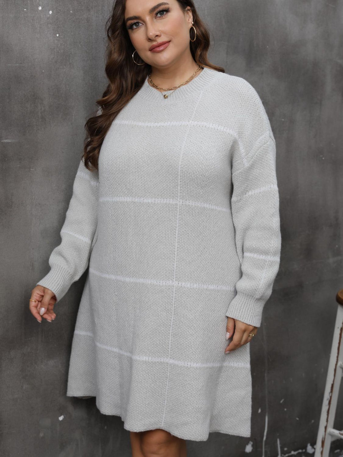 Plus Size Round Neck Long Sleeve Sweater Dress 