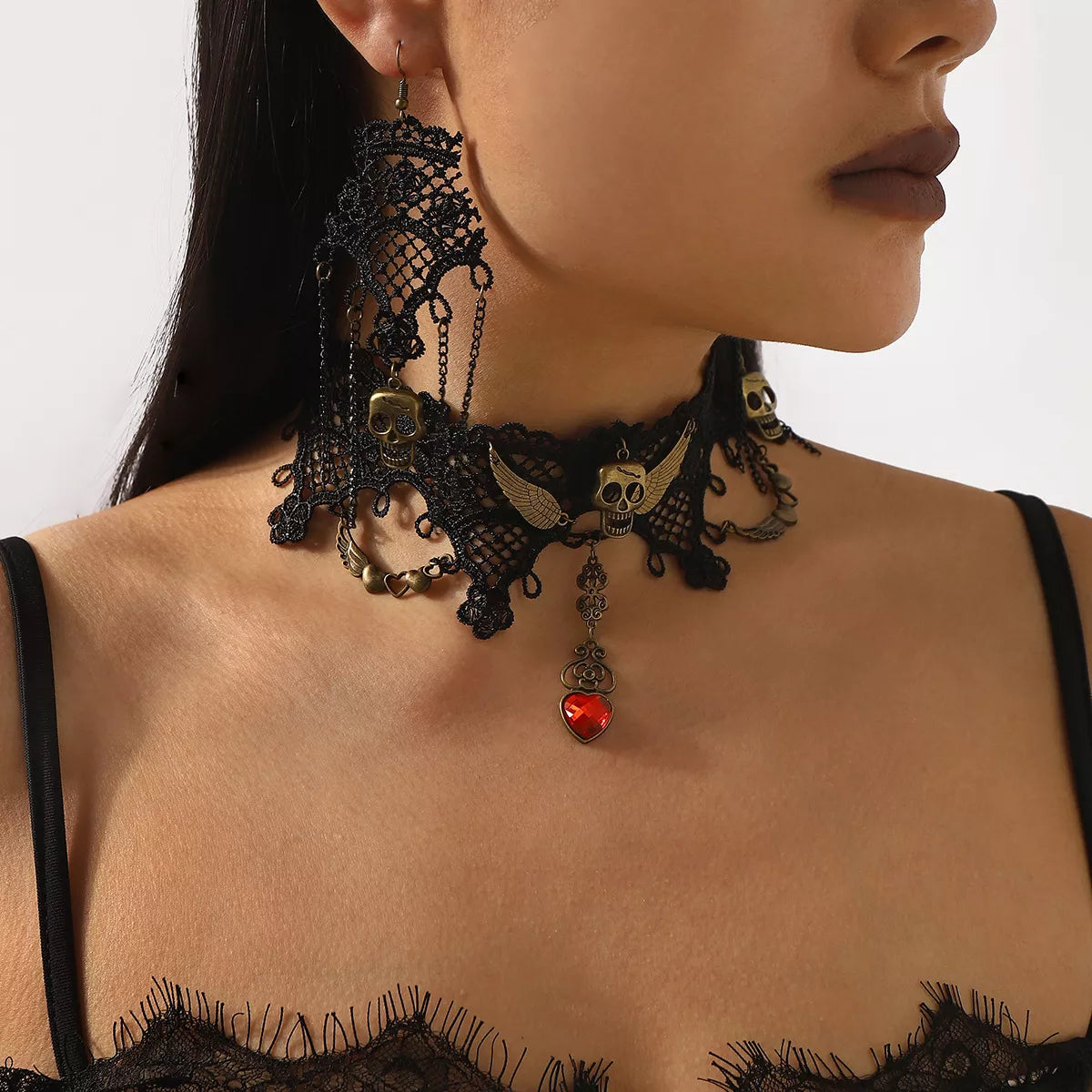 Halloween Lace Skull Necklace and Earrings Jewelry Set 