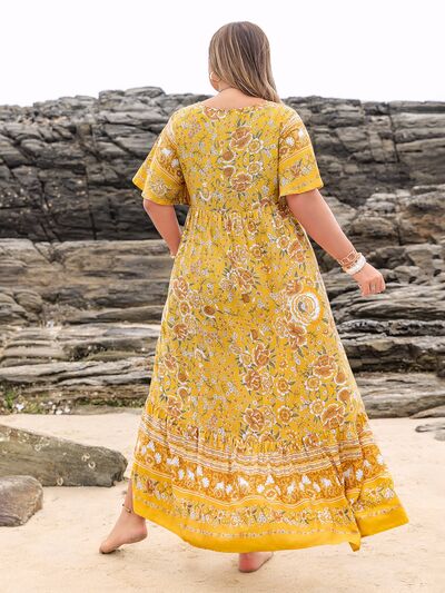 Plus Size Floral Tie Neck Flutter Sleeve Maxi Dress Dresses