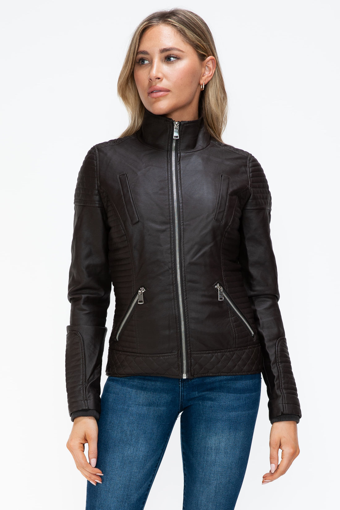 YMI Faux Layered Double-Zipper Jacket with Fuzzy Hood 