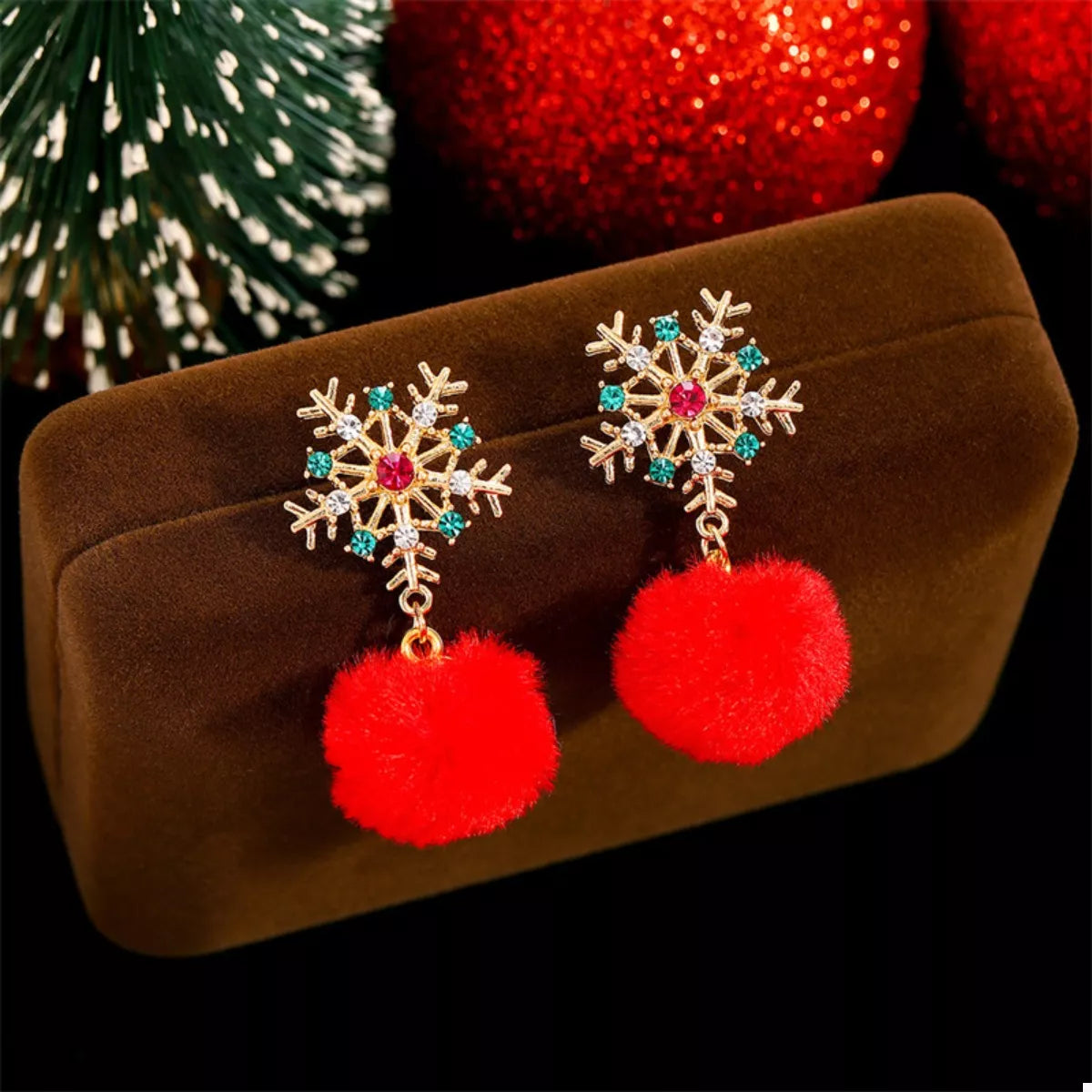 Christmas Snowflake Pom Pom Drop Earrings 