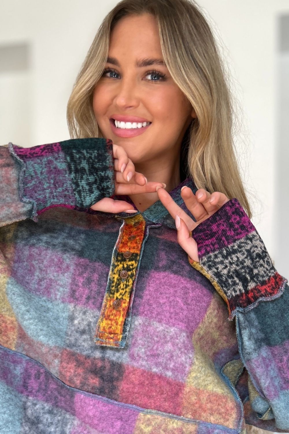 Double Take Full Size Plaid Dropped Shoulder Fleece Hoodie 