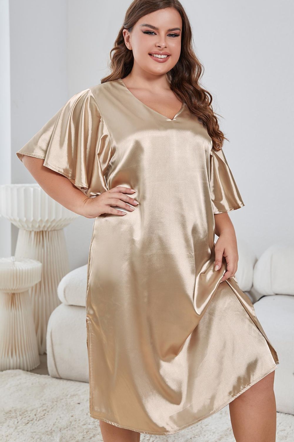 Plus Size Flutter Sleeve V-Neck Side Slit Night Gown 