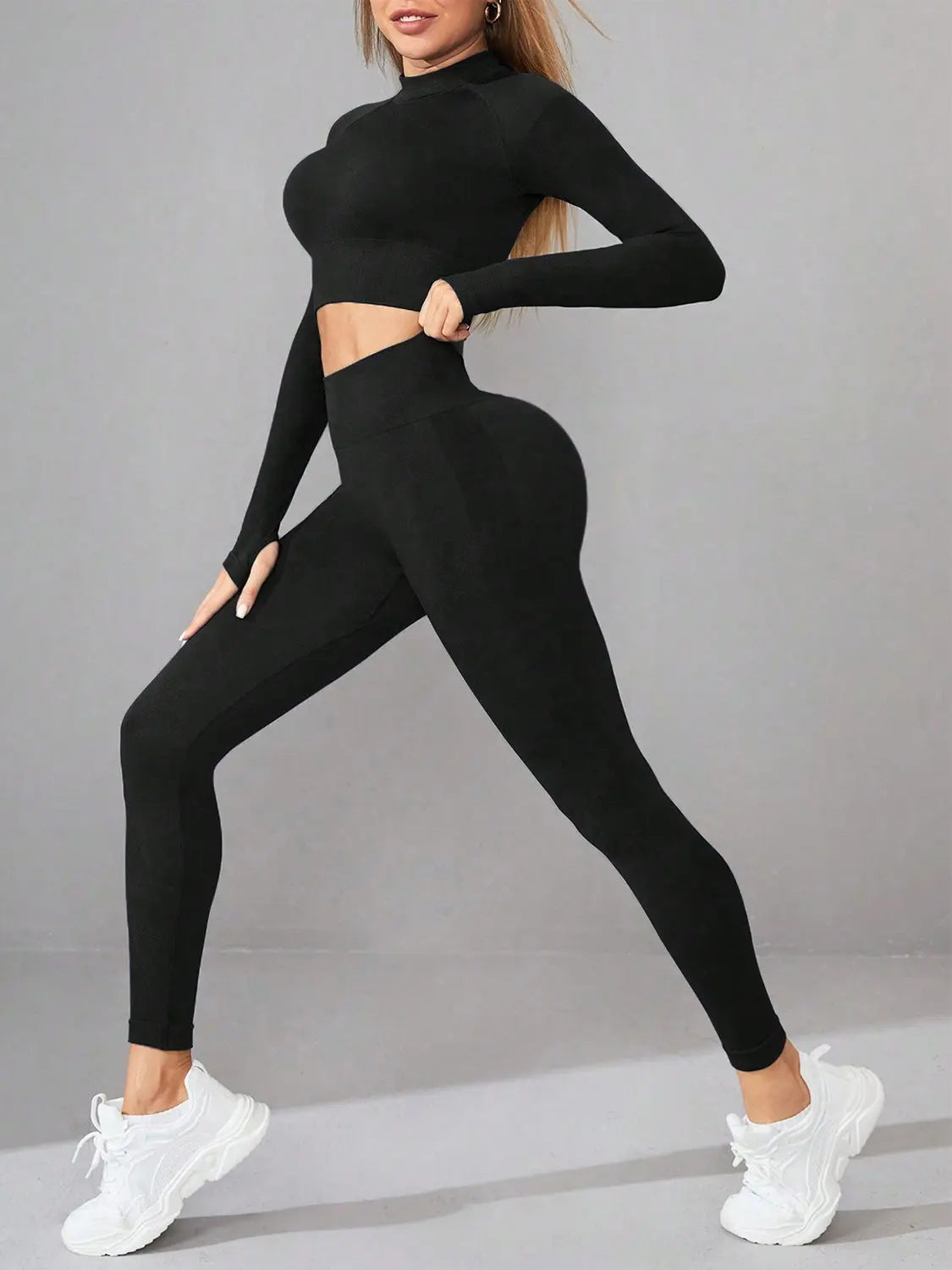 Mock Neck Long Sleeve Top and Leggings Active Set 