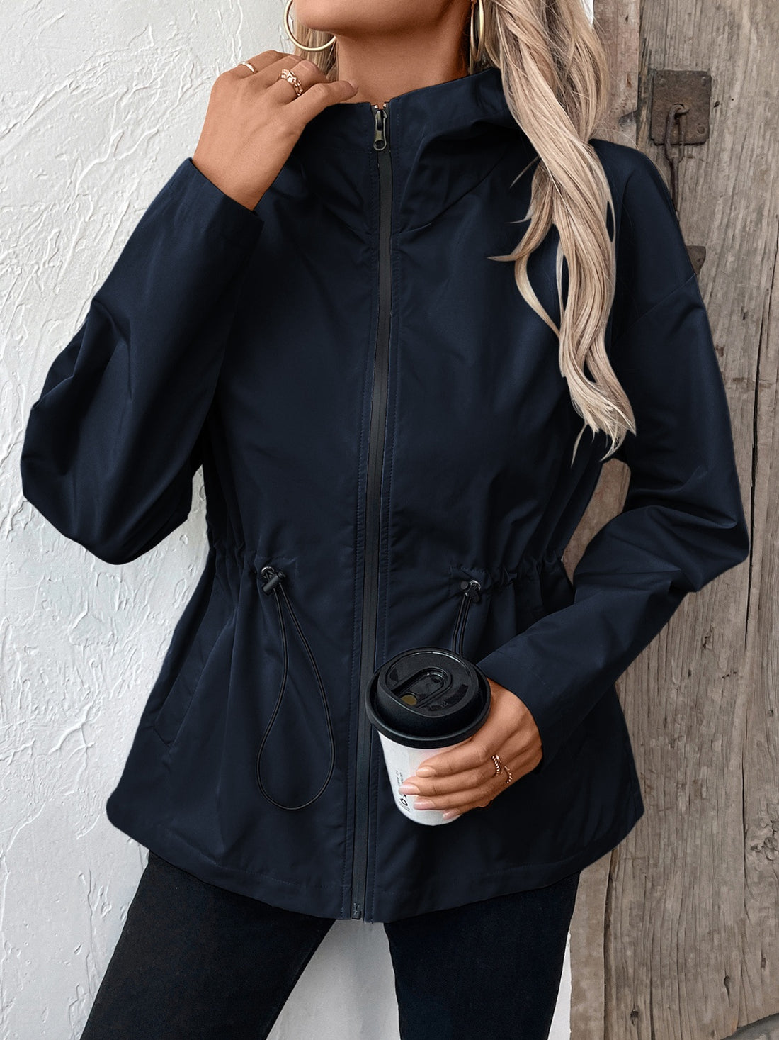 Ivy Lane Drawstring Zip Up Hooded Jacket 