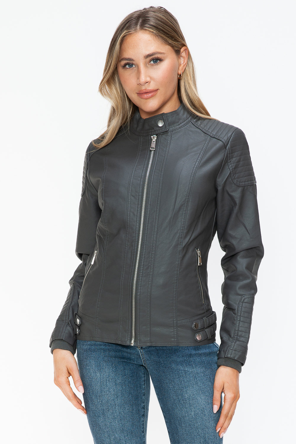 Snobbish Faux Leather Biker Jacket with Side Zip Pockets 