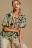 Umgee Full Size Abstract Print Smocked Square Neck Puff Sleeve Blouse 
