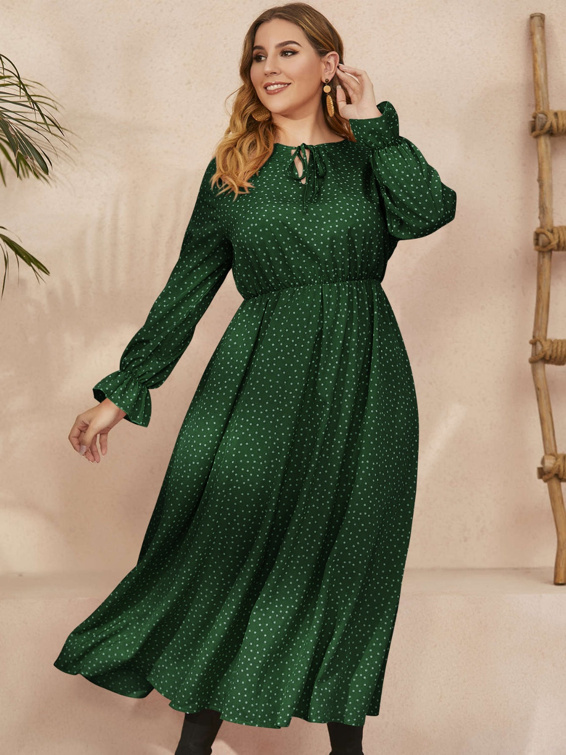 Honey Plus Size Ruffled Polka Dot Long Sleeve Midi Dress 