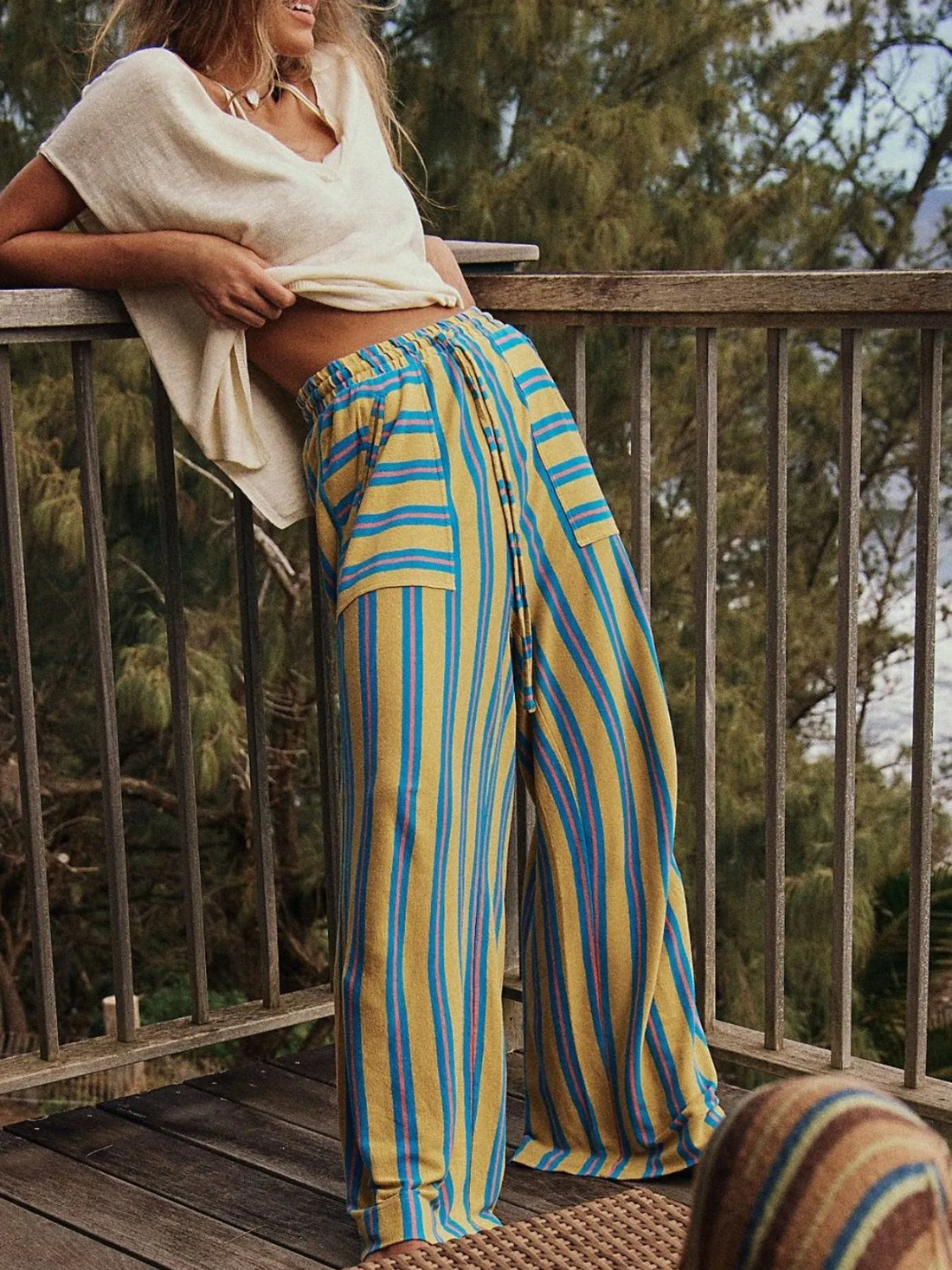 Striped Wide-Leg Drawstring Pants 