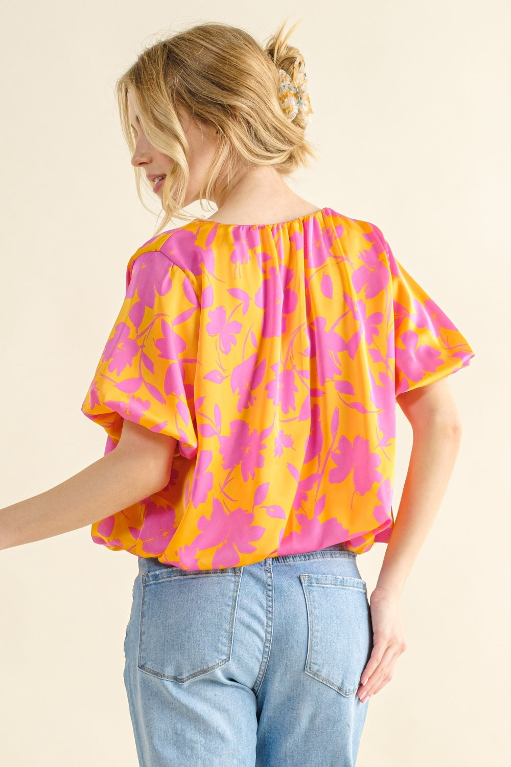 And The Why Full Size Printed Satin Bubble Hem Top 