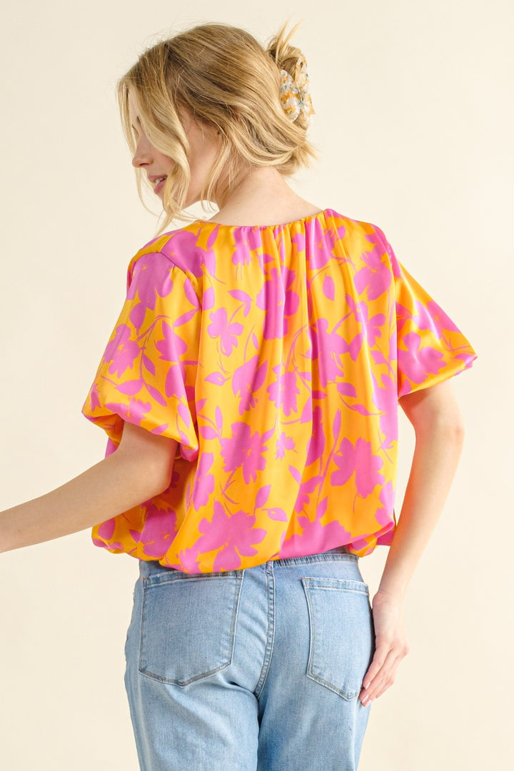 And The Why Full Size Printed Satin Bubble Hem Top 