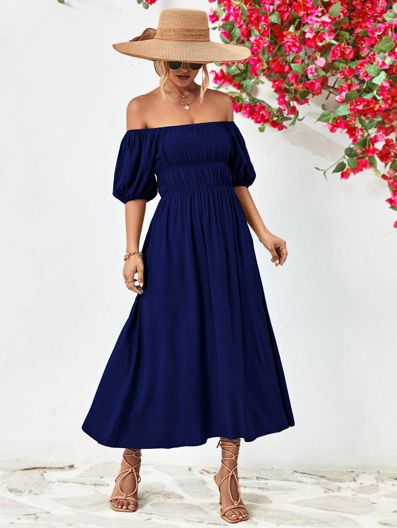 Off-Shoulder Balloon Sleeve Midi Dress 