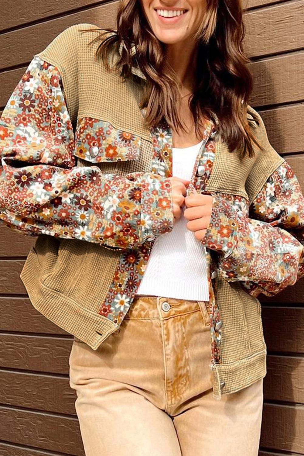Khaki Waffle Knit Floral Print Patchwork Button up Jacket Outerwear/Jackets