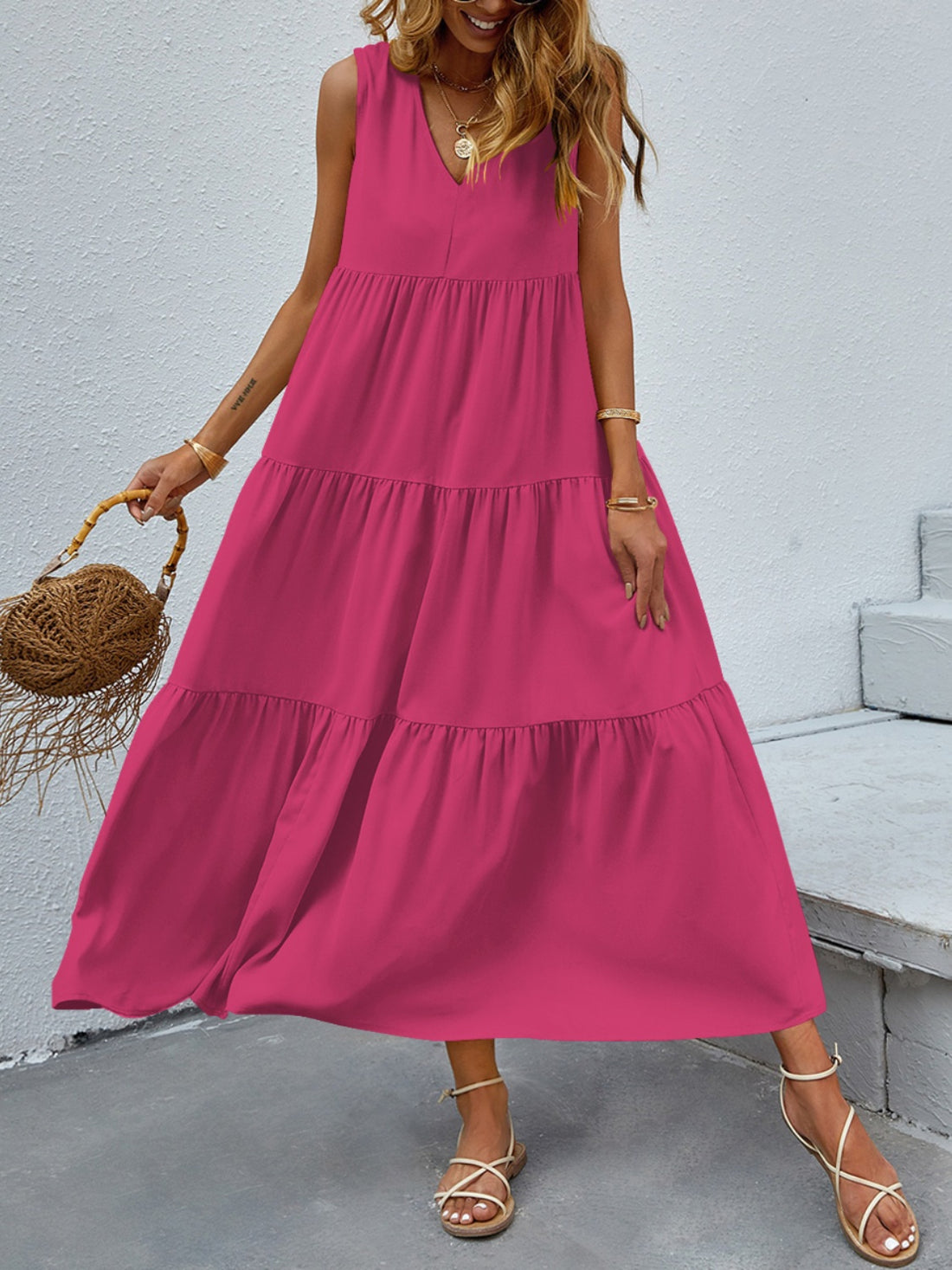 FAM-FAM Tiered V-Neck Sleeveless Dress 