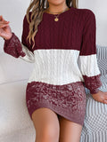 Cable-Knit Round Neck Color Block Sweater Dress 