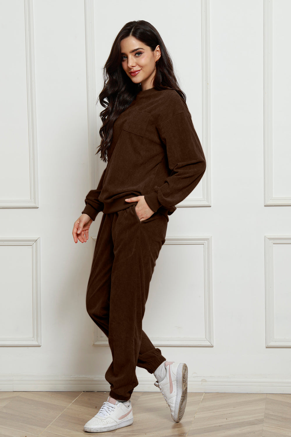 Corduroy Round Neck Sweatshirt and Sweatpants Set 