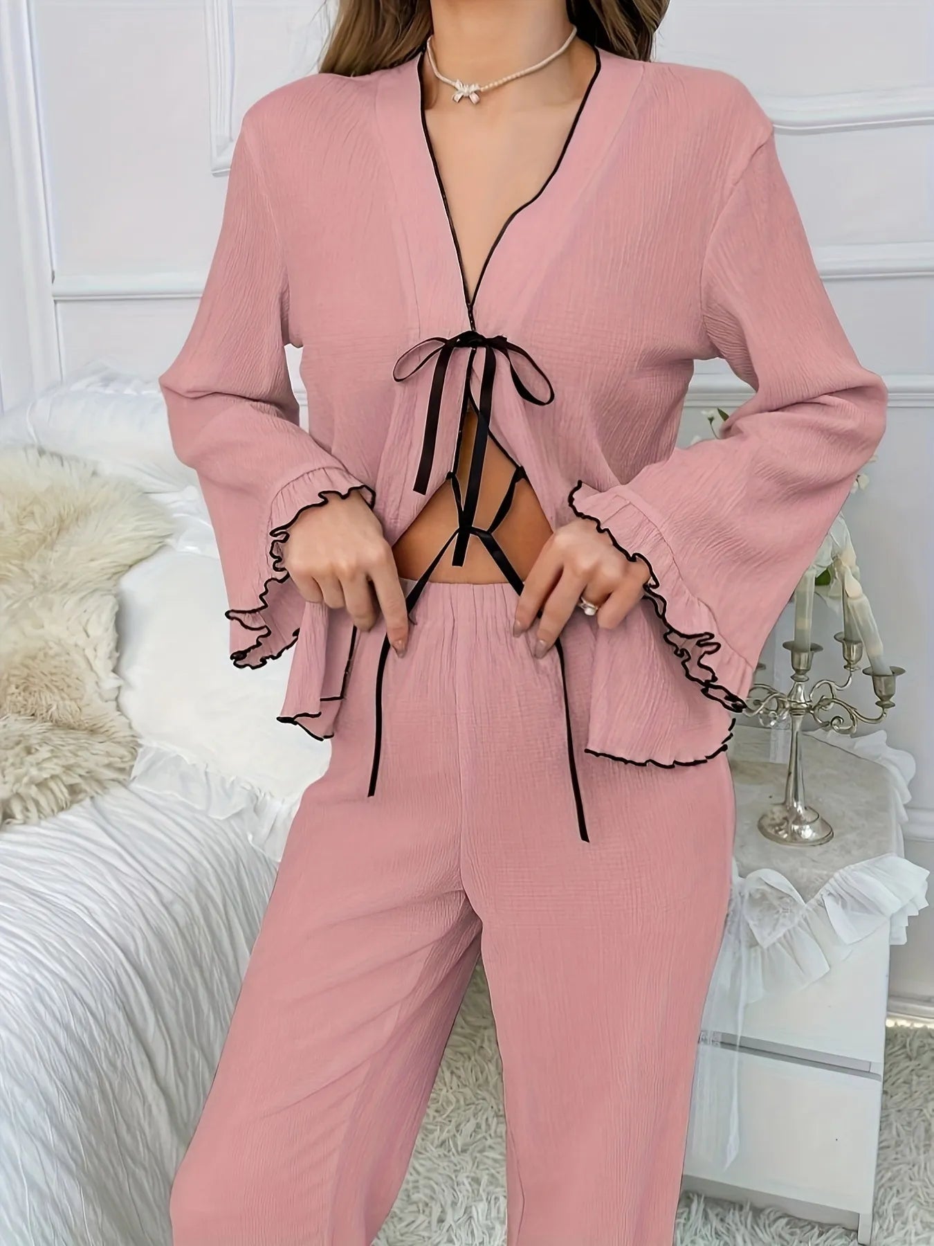 Contrast Trim Bow Tie Shirt and Pants Lounge Set Lingerie & Nightwear
