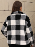 Plus Size Pocketed Plaid Collared Neck Jacket 