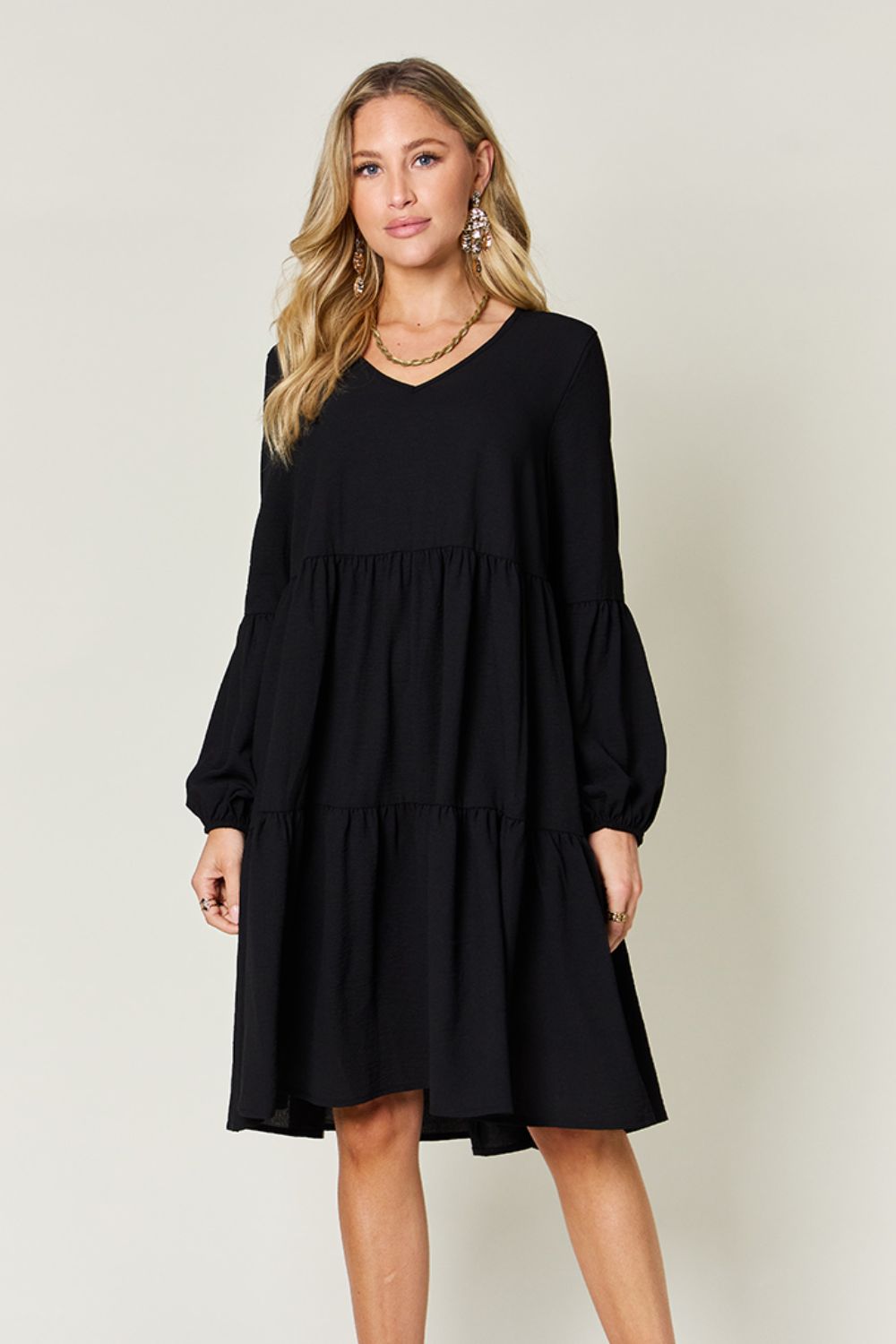 Double Take Full Size V-Neck Balloon Sleeve Tiered Dress with Pockets 
