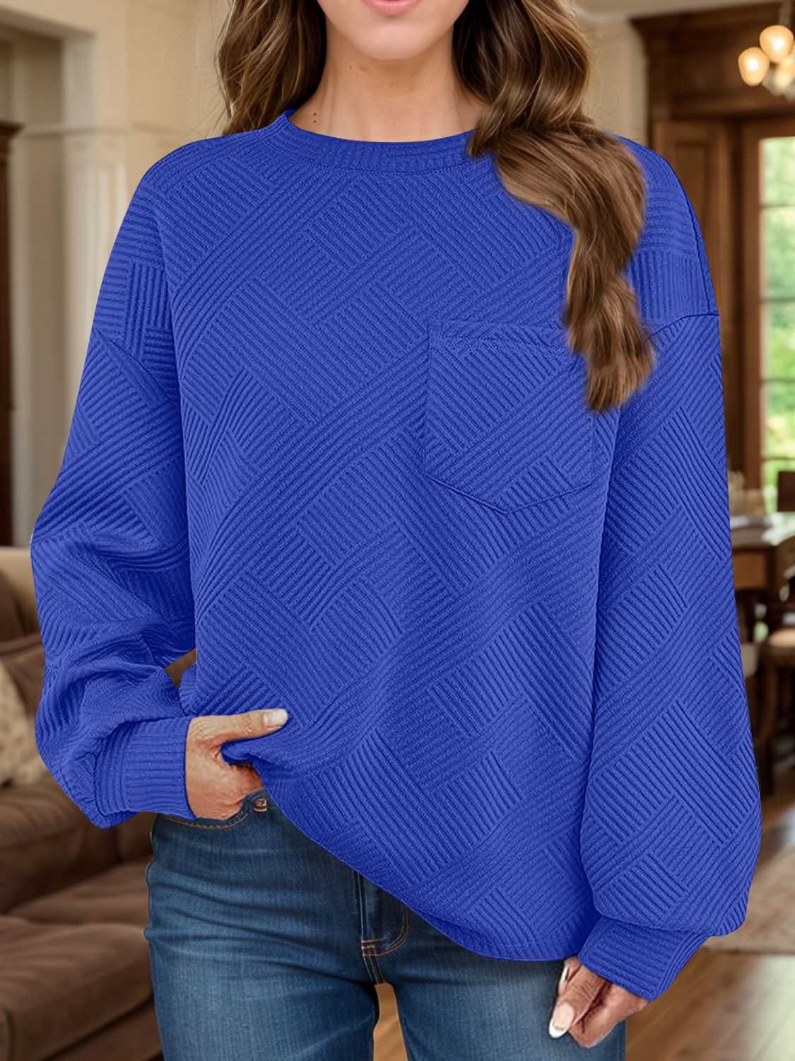 Full Size Texture Round Neck Long Sleeve Sweatshirt 