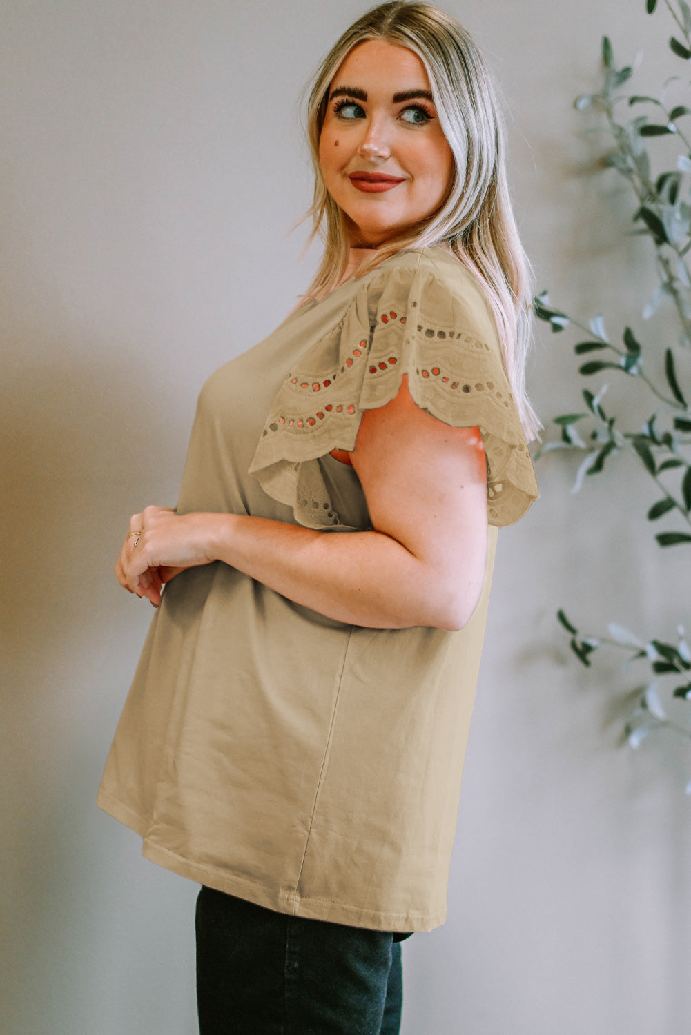 Plus Size Eyelet Round Neck Short Sleeve Blouse 