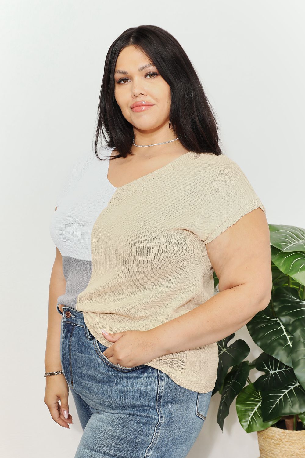 Color Block V-Neck Knit Top 