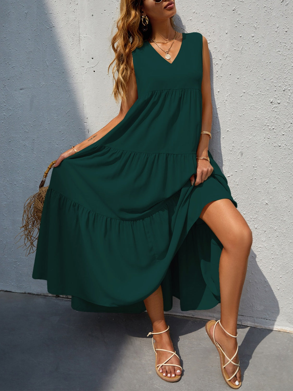 FAM-FAM Tiered V-Neck Sleeveless Dress 
