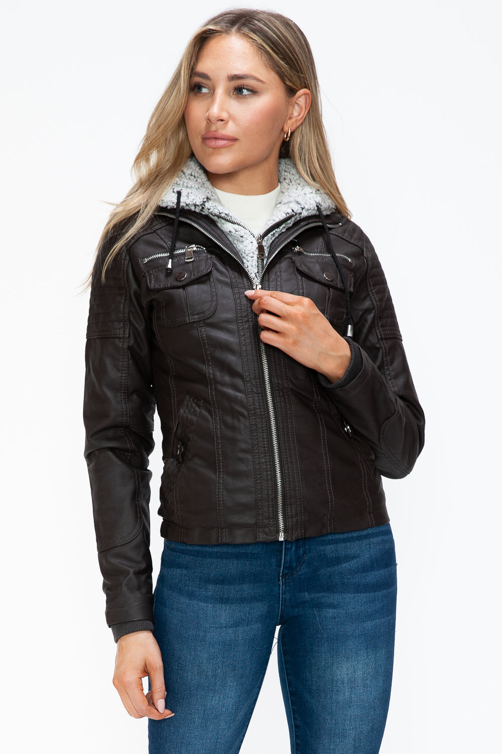 YMI Removable Faux Layered Multi-Pocket Jacket with Fuzzy Hood 
