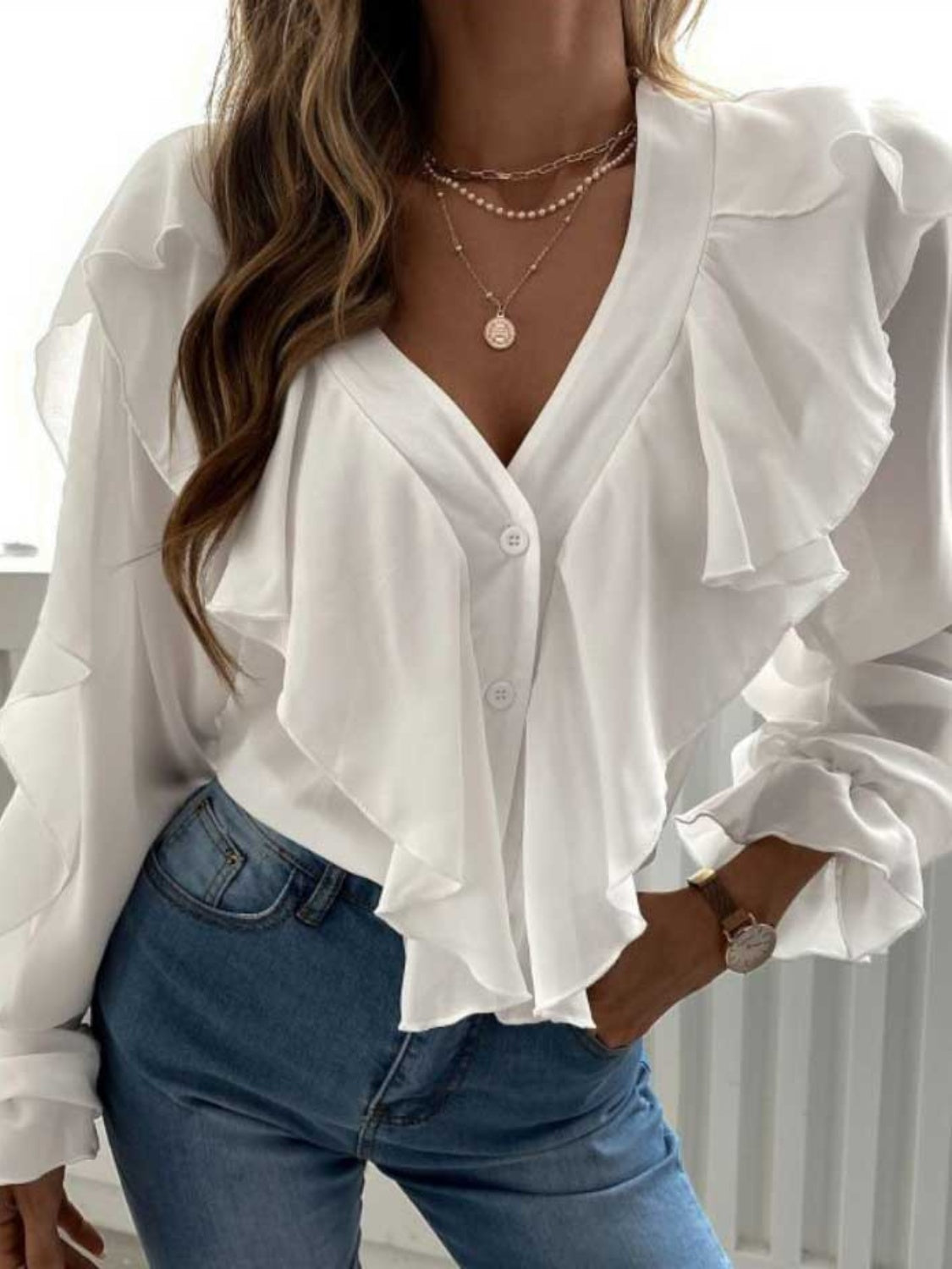 Full Size Ruffled V-Neck Button Down Flounce Sleeve Blouse 