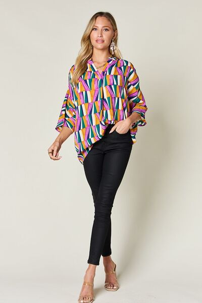 Double Take Full Size Geometric Notched Dolman Sleeve Top 