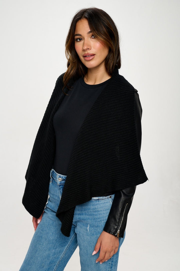 Coalition LA Knit Collared Faux Leather Crop Jacket 