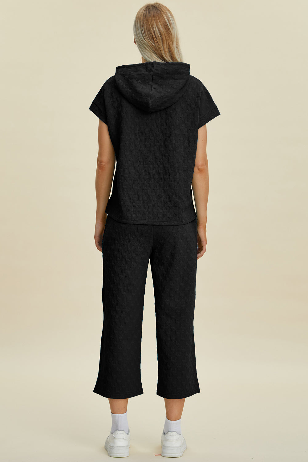 Double Take Full Size Texture Drawstring Short Sleeve Hoodie and Pocketed Pants Set 