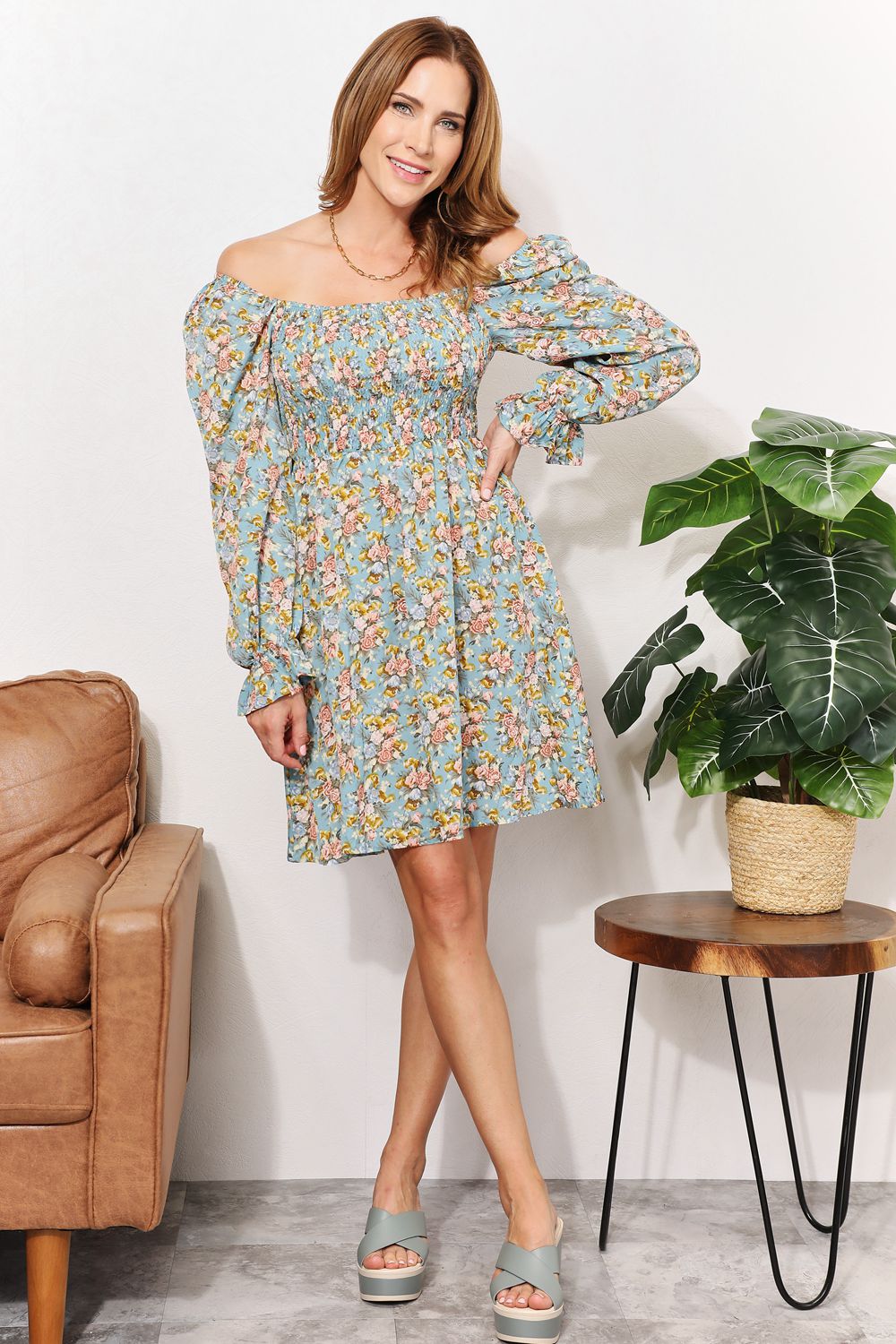 Honey Floral Smocked Flounce Sleeve Square Neck Dress 