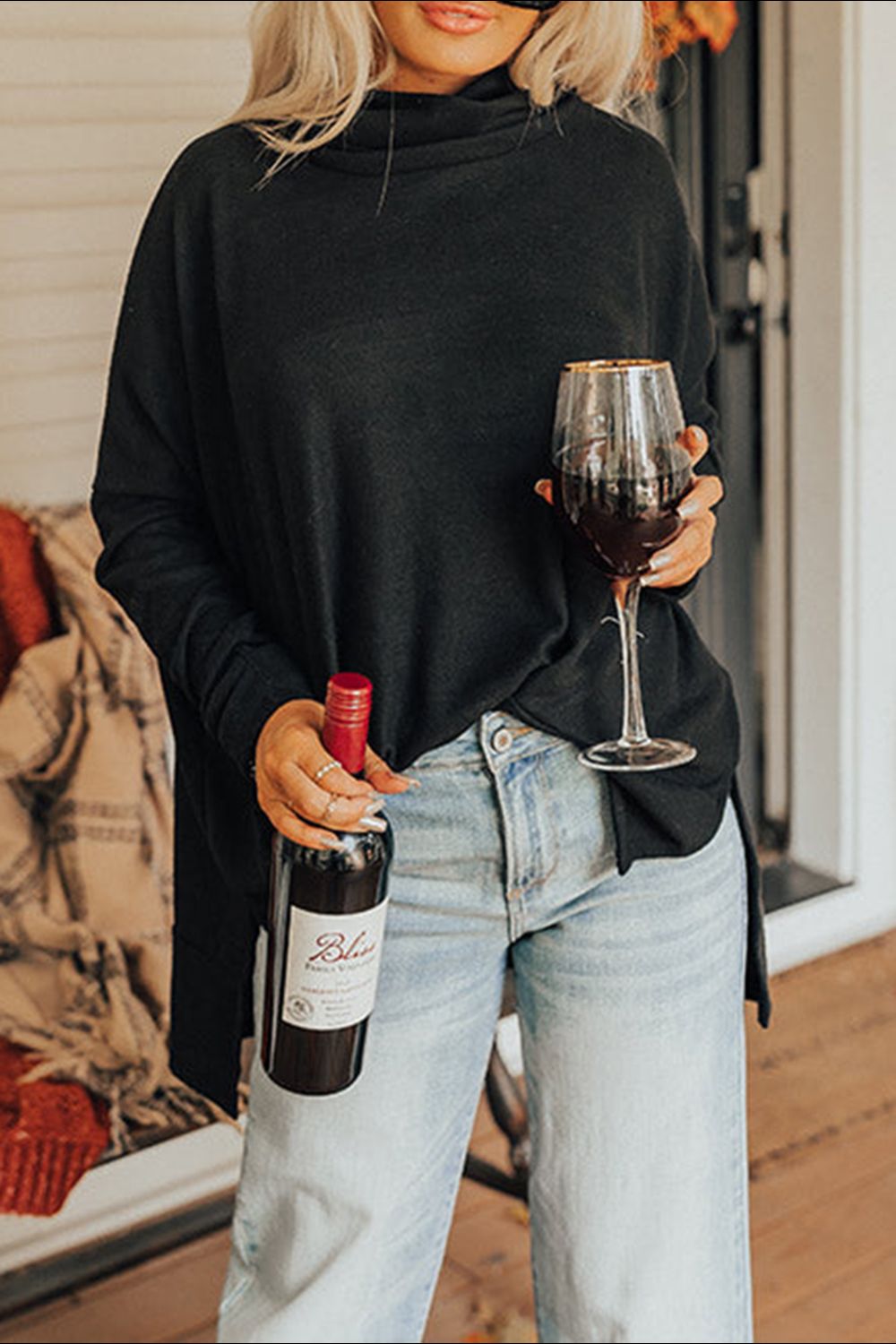 Side Slit High-Low Cowl Neck Long Sleeve Blouse 