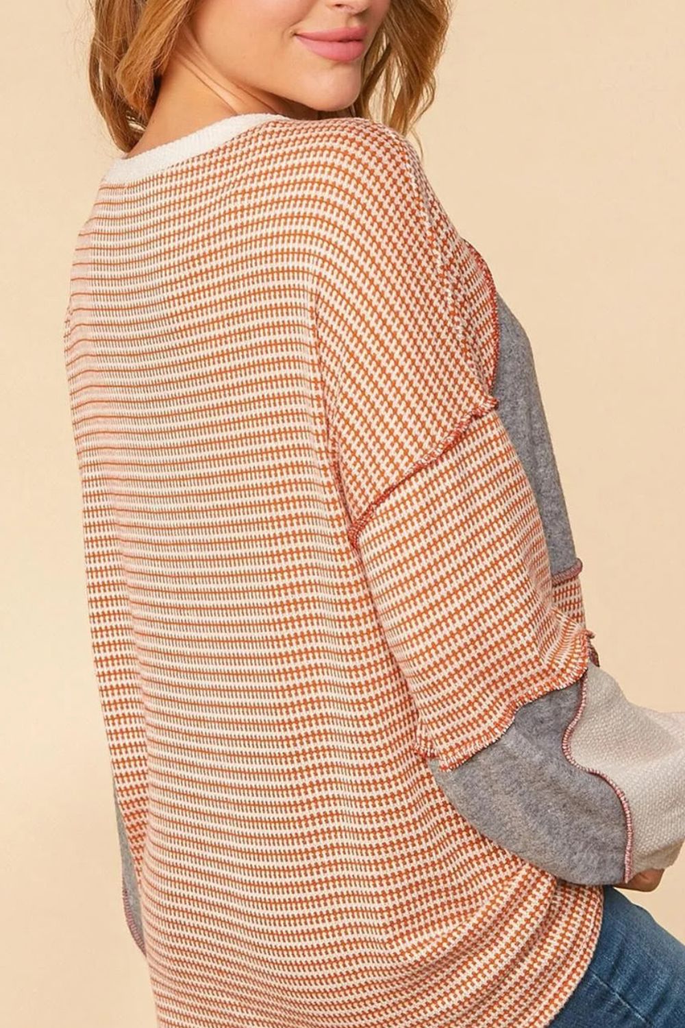 Exposed Seam Color Block Round Neck Top 