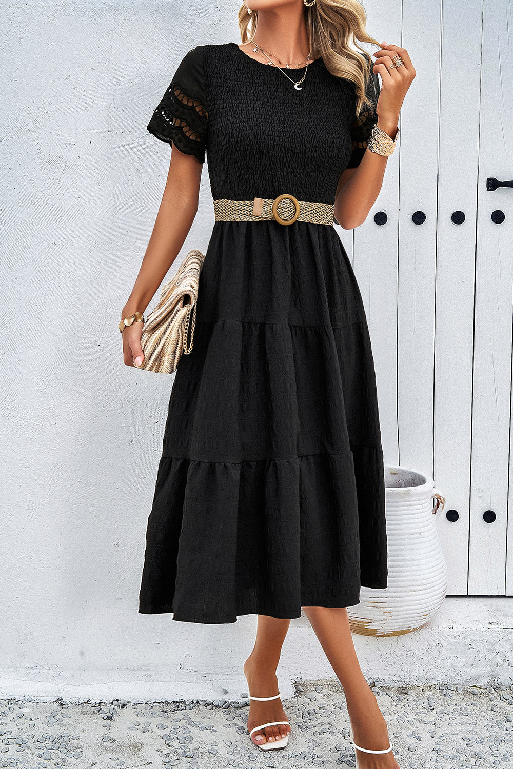 Devine Smocked Round Neck Short Sleeve Midi Dress 
