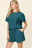 Double Take Full Size Texture Short Sleeve T-Shirt and Drawstring Shorts Set 